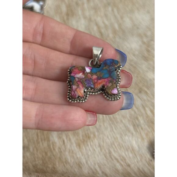 Native American SW Sterling Silver Pink Dahlia Turquoise Cow Bull Steer Pendant - Picture 8 of 8